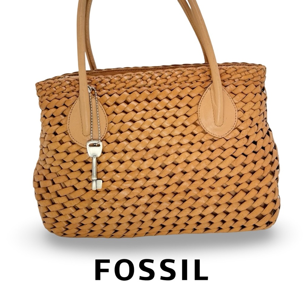 Vintage Fossil Woven Leather Satchel Tote Key Charm Camel